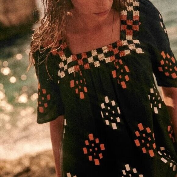 Sezane Caitin Khaki Mini Flower Tunic Dress Beaded Printed S 36 - Picture 1 of 8